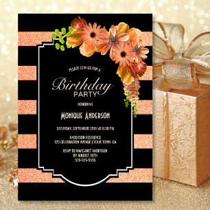 Striped Orange Floral Birthday Party Invitation