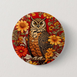 Striped Owl And Zinnia Flowers 2 Inch Round Button