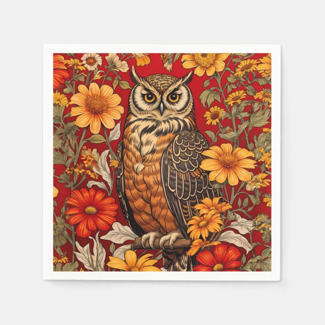 Striped Owl And Zinnia Flowers Napkin (Front)