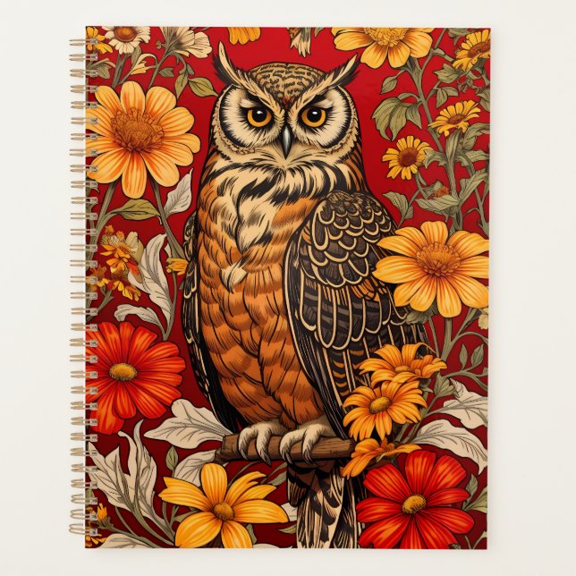 Striped Owl And Zinnia Flowers Planner (Front)
