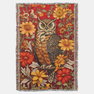 Striped Owl And Zinnia Flowers Throw Blanket