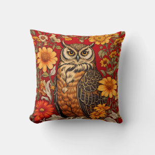 Striped Owl And Zinnia Flowers Throw Pillow