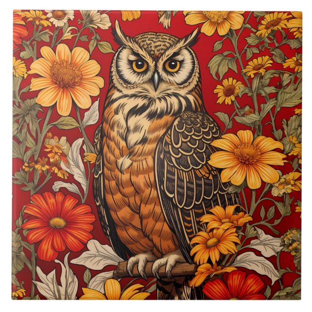 Striped Owl And Zinnia Flowers Tile (Front)