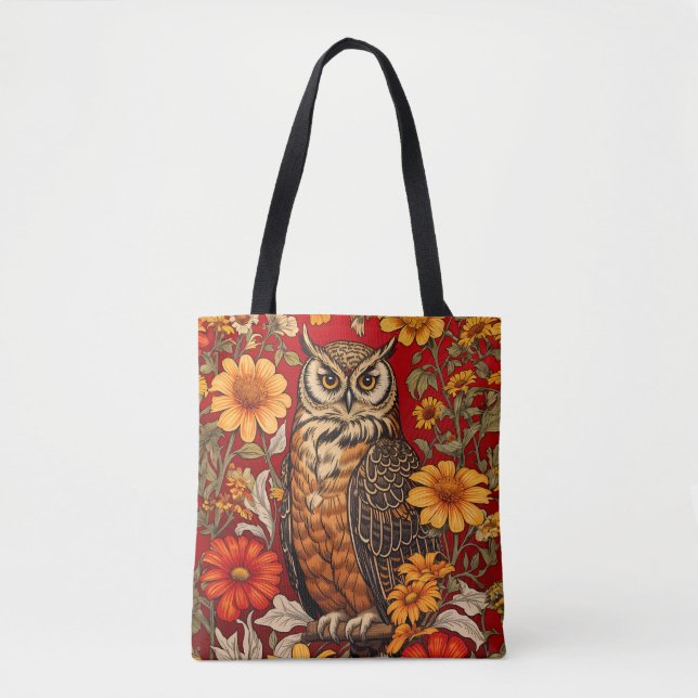 Striped Owl And Zinnia Flowers Tote Bag (Front)