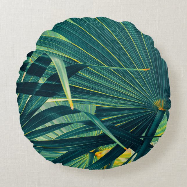 Striped Palm Leaf Toned Texture Round Pillow (Front)