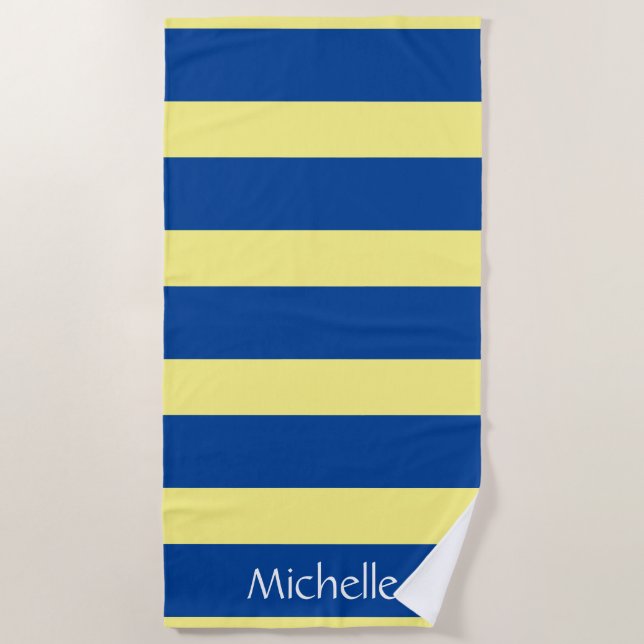 Striped Pattern Blue Yellow Personalized Beach Towel (Front)