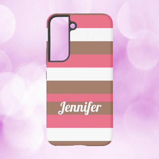 Striped Pattern Brown Pink White Personalize Samsung Galaxy S22 Case (A pink, brown and white phone case with text you can personalize!)