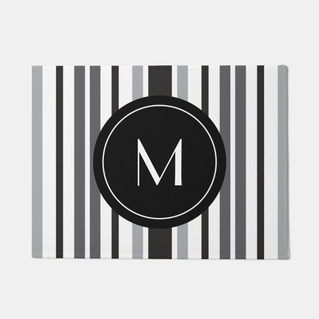 Striped Pattern Grey Black White Custom Monogram Doormat (Front)