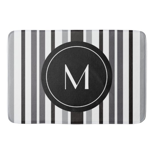 Striped Pattern Grey Black White Personal Monogram Bath Mat