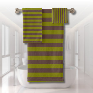 Striped pattern in chocolate brown and olive green bath towel set