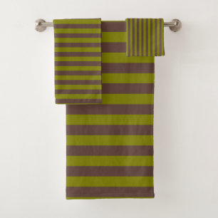 Striped pattern in chocolate brown and olive green bath towel set