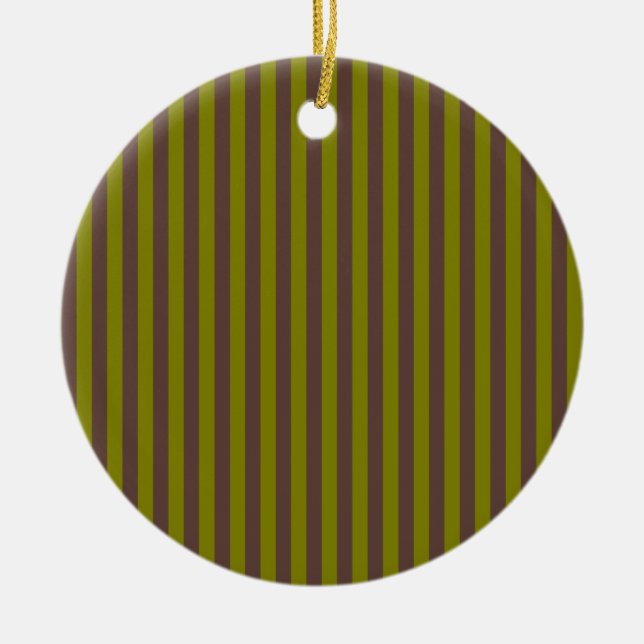 Striped pattern in chocolate brown and olive green ceramic ornament (Front)