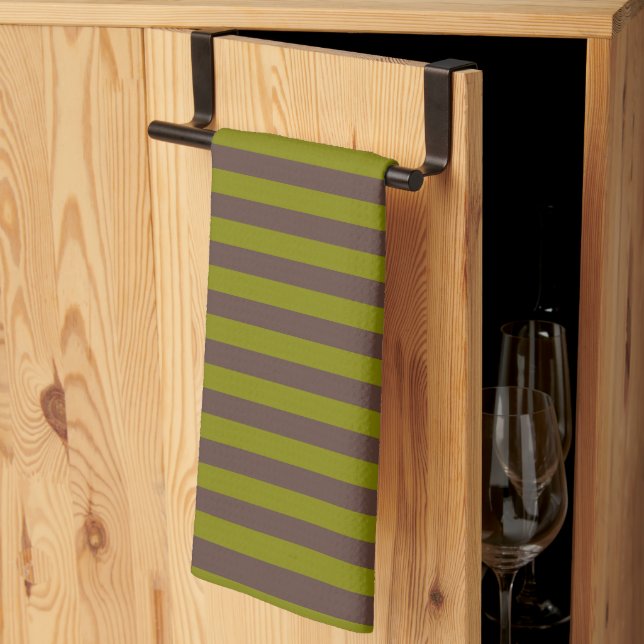 Striped pattern in chocolate brown and olive green kitchen towel (Thirds Fold)