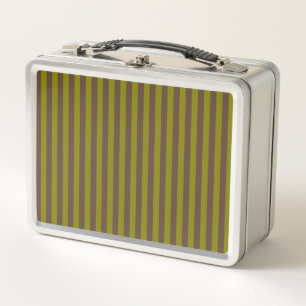 Striped pattern in chocolate brown and olive green metal lunch box