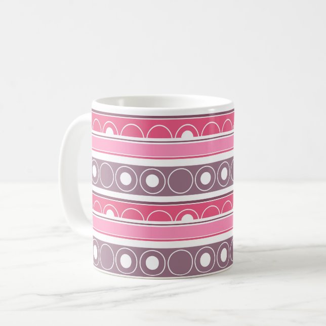 Striped pattern with circles and rings retro style coffee mug (Front Left)