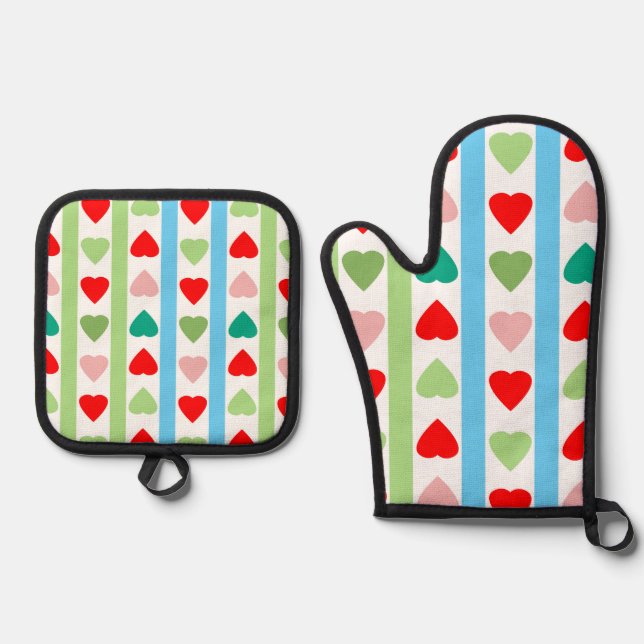 Striped pattern with hearts for Valentine's day  Oven Mitt & Pot Holder Set (Front)