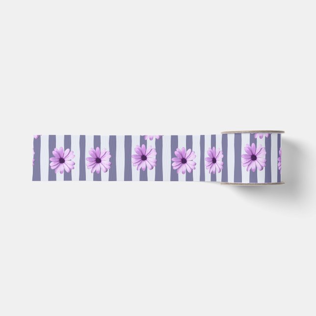 striped pattern with purple daisies grosgrain ribbon (Front)