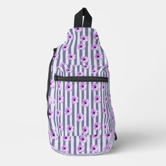 striped pattern with purple daisies sling bag (Front)