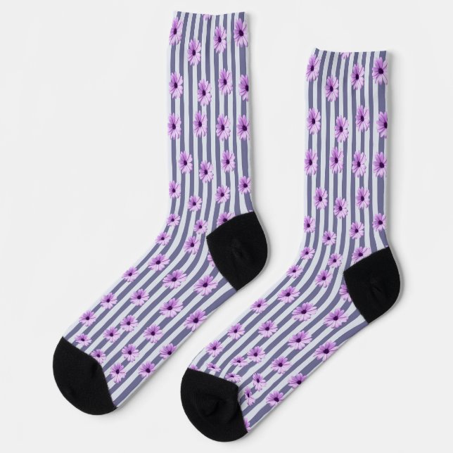 striped pattern with purple daisies socks (Left)