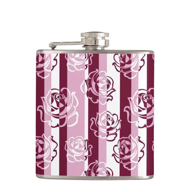 Striped pattern with roses hip flask (Front)