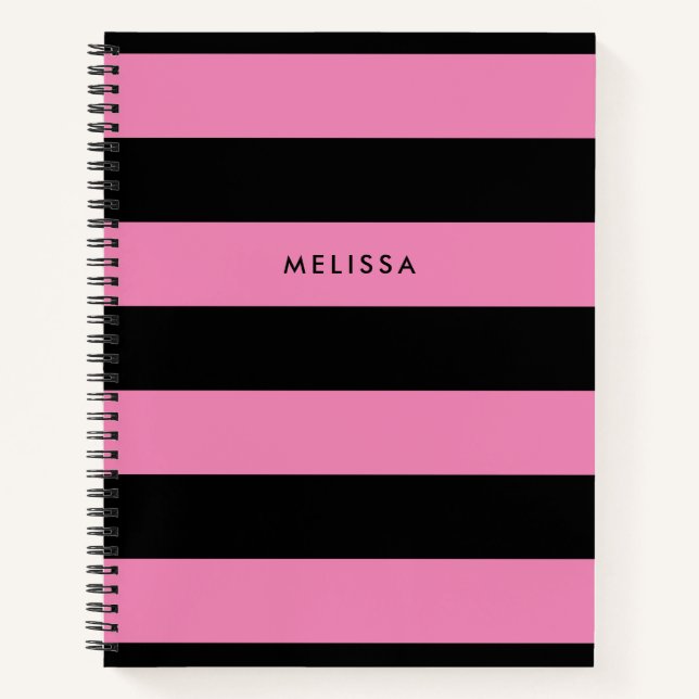 Striped Pink and Black Modern Minimalist Name Notebook (Front)