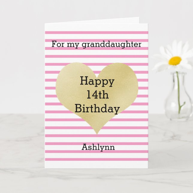 Striped Pink and Gold 14th Birthday Granddaughter Card (Small Plant)