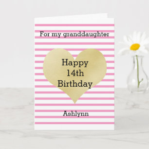 Striped Pink and Gold 14th Birthday Granddaughter Card