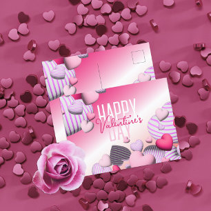 Striped Pink And White Heart Balloons Valentine's  Postcard