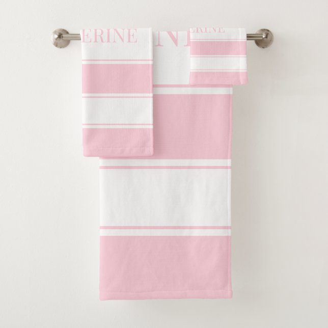 Striped Pink and White Personalized Bath Towel Set (Insitu)
