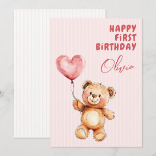 Striped Pink Balloon Teddy Bear Happy 1st Birthday Card
