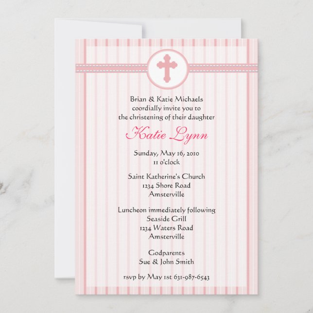Striped Pink Cross Invitation (Front)