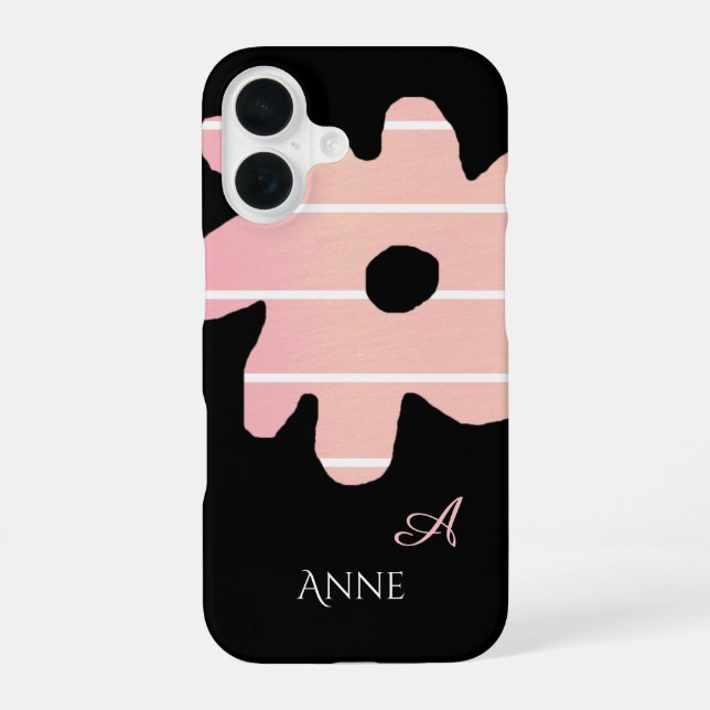 striped pink flower with name & initial iPhone 16 case (Back)