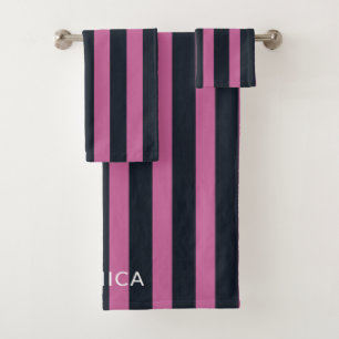 striped pink   navy custom name  bath towel set