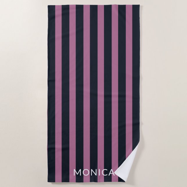 striped pink | navy custom name  beach towel (Front)