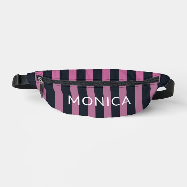 striped pink | navy custom name  fanny pack (Front)
