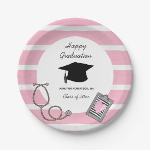 Striped Pink Nursing School Graduation  Paper Plat Paper Plate
