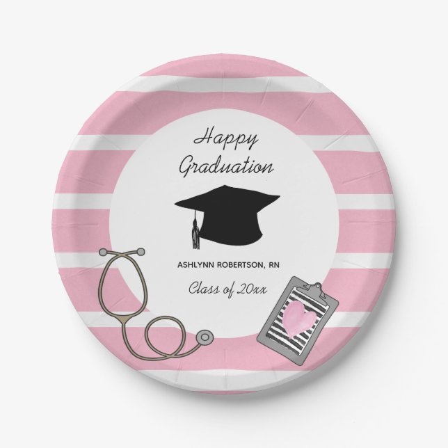 Striped Pink Nursing School Graduation  Paper Plat Paper Plate (Front)