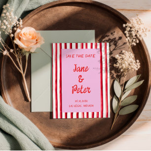 Striped Pink & Red Handwriting Save The Date