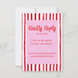 Striped Pink & Red Handwriting Wedding RSVP Card