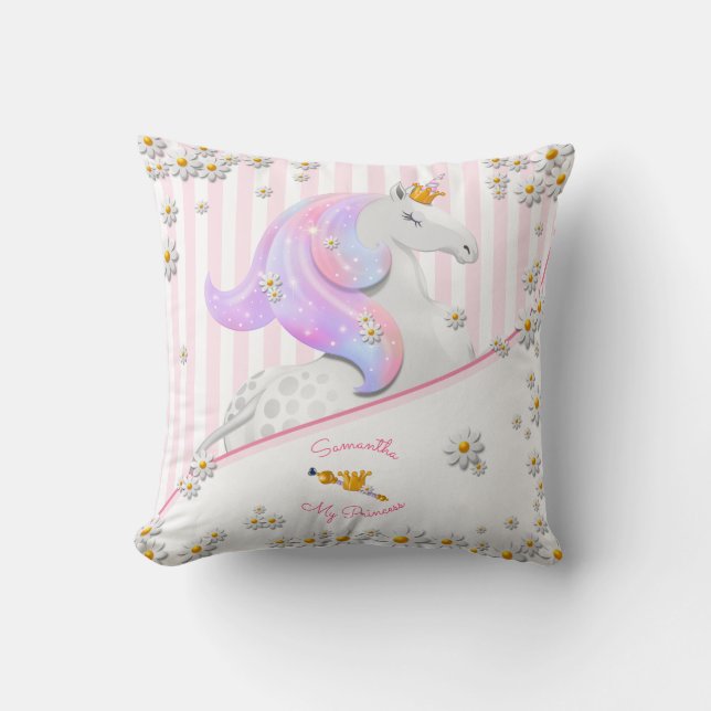 Striped Pink Unicorn Princess Nursery Throw Pillow (Front)