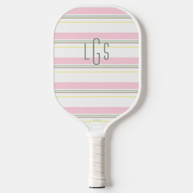 Striped Pink Yellow Green White Lt Brown Monogram Pickleball Paddle (Front)