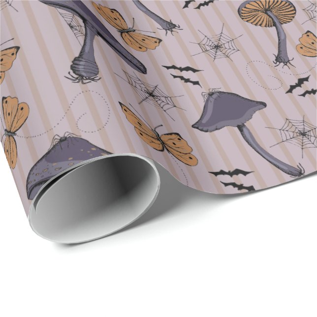 Striped Plum Halloween Mushroom and Butterfly Wrapping Paper (Roll Corner)