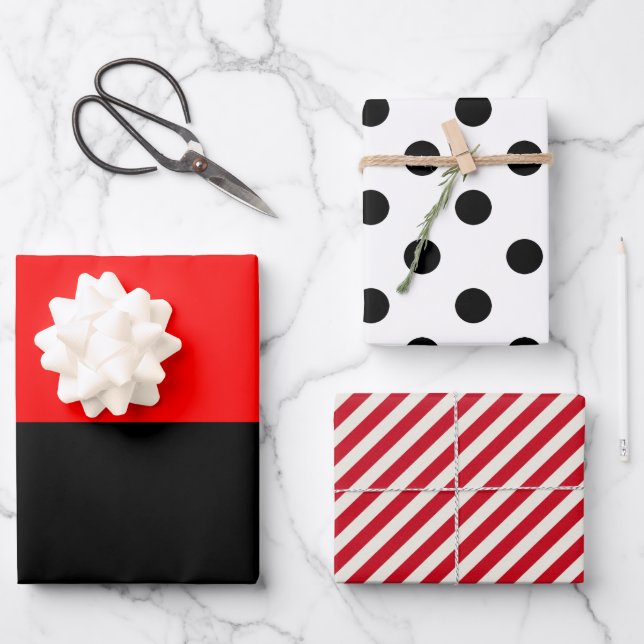 Striped Polka Dot Red and Black Wrapping Paper Sheet (Front)