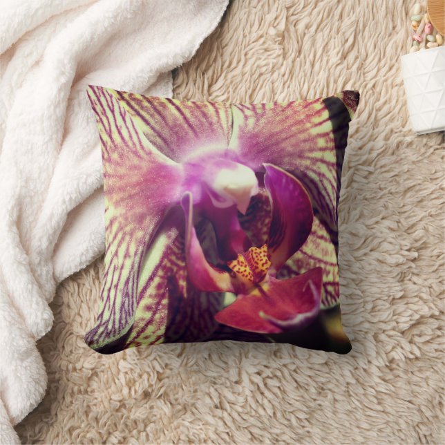 Striped Purple Orchid Flower Close Up  Throw Pillow (Blanket)