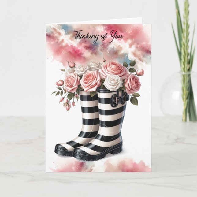 Striped Rainboots and Roses Thinking of You Card (Front)