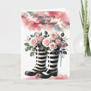 Striped Rainboots and Rosesa Birthday Card