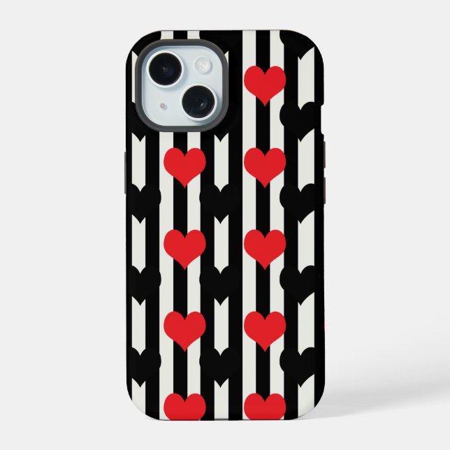 Striped Red Black Love Heart Pattern Design  iPhone 15 Case (Back)