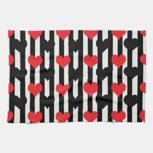 Striped Red Black Love Heart Pattern Design  Kitchen Towel
