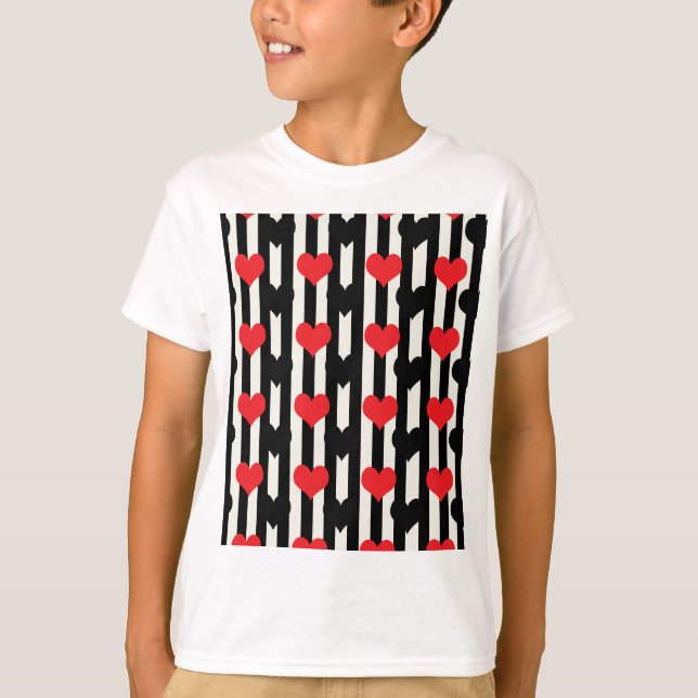 Striped Red Black Love Heart Pattern Design  T-Shirt (Front)