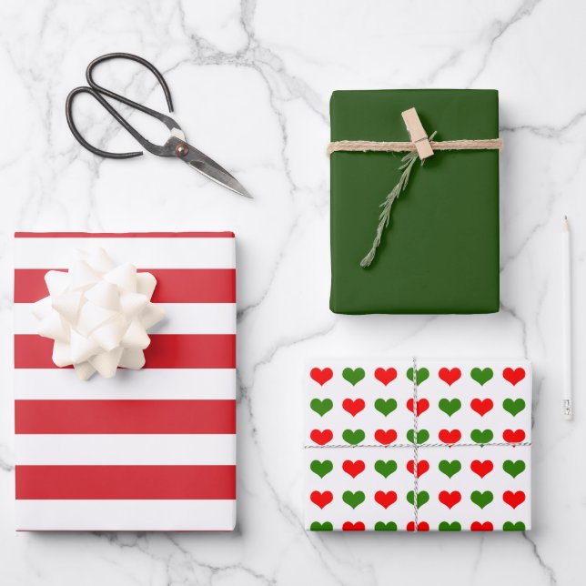 Striped Red Green Hearts Wrapping Paper Sheet (Front)